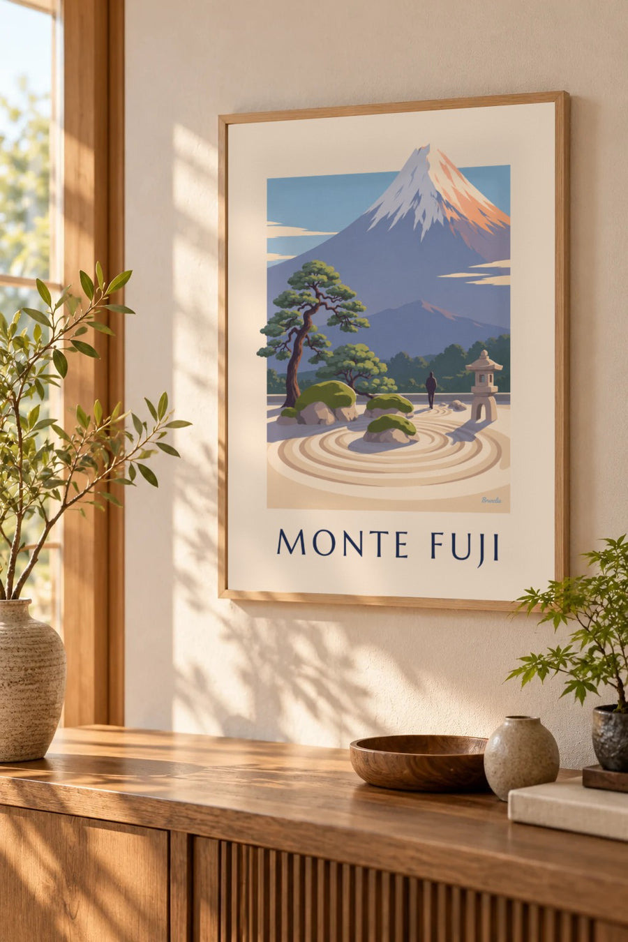 Póster jardín zen japonés frente al monte Fuji: formato pequeño A4 enmarcado