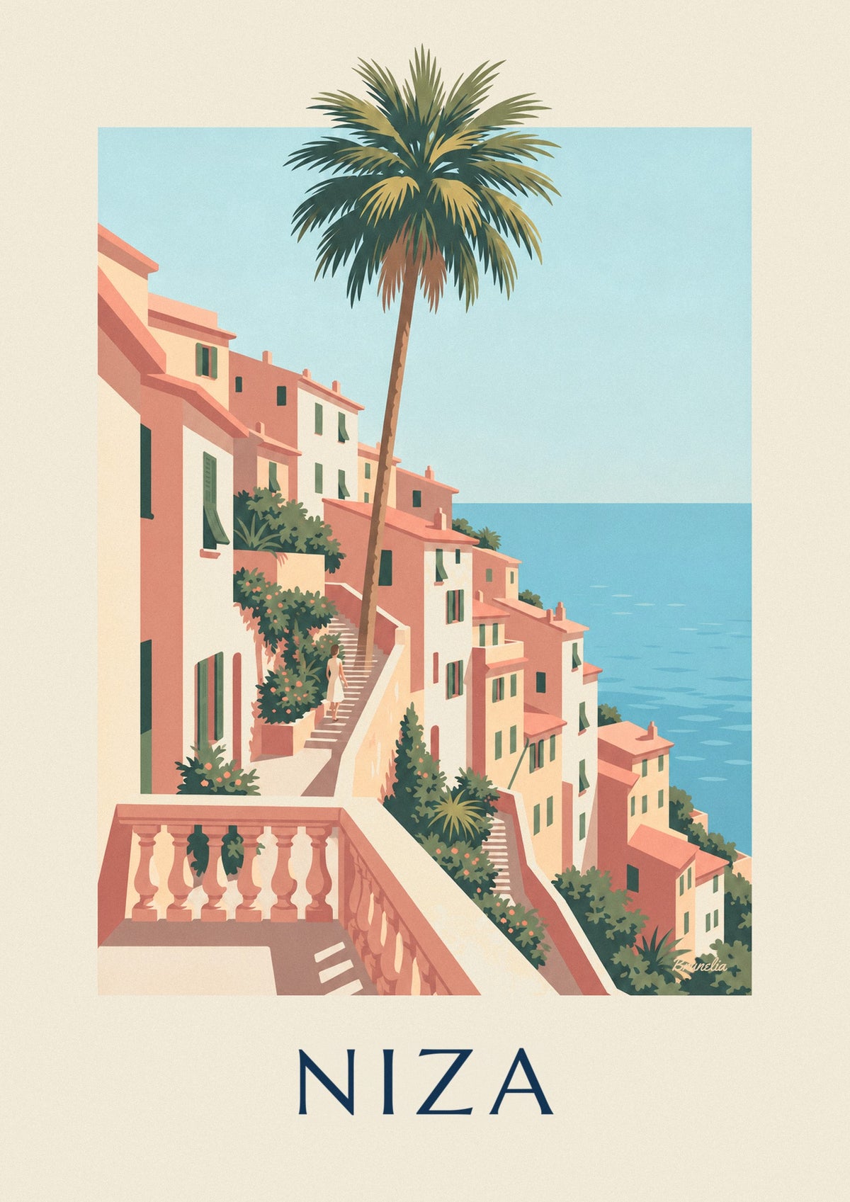 Póster de casas ocres y mar azul en las colinas de Niza