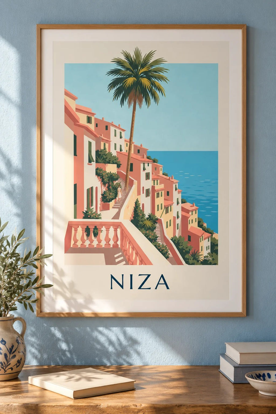 Póster de casas ocres y mar azul en las colinas de Niza: enmarcado en la pared