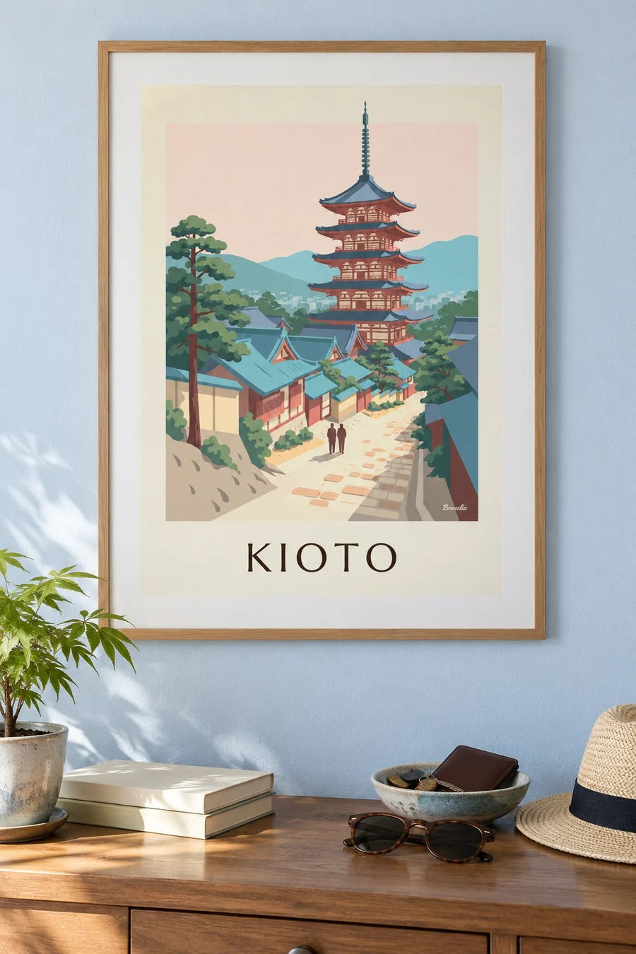 Póster de la pagoda de Yasaka y las callejuelas de Higashiyama en Kioto: enmarcado en la pared
