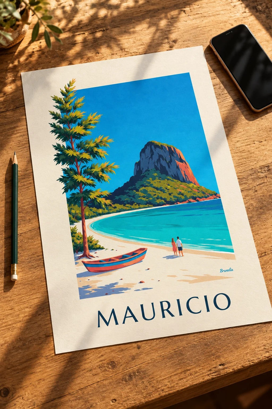 Póster del Morne Brabant y la laguna de la isla Mauricio: sobre una mesa
