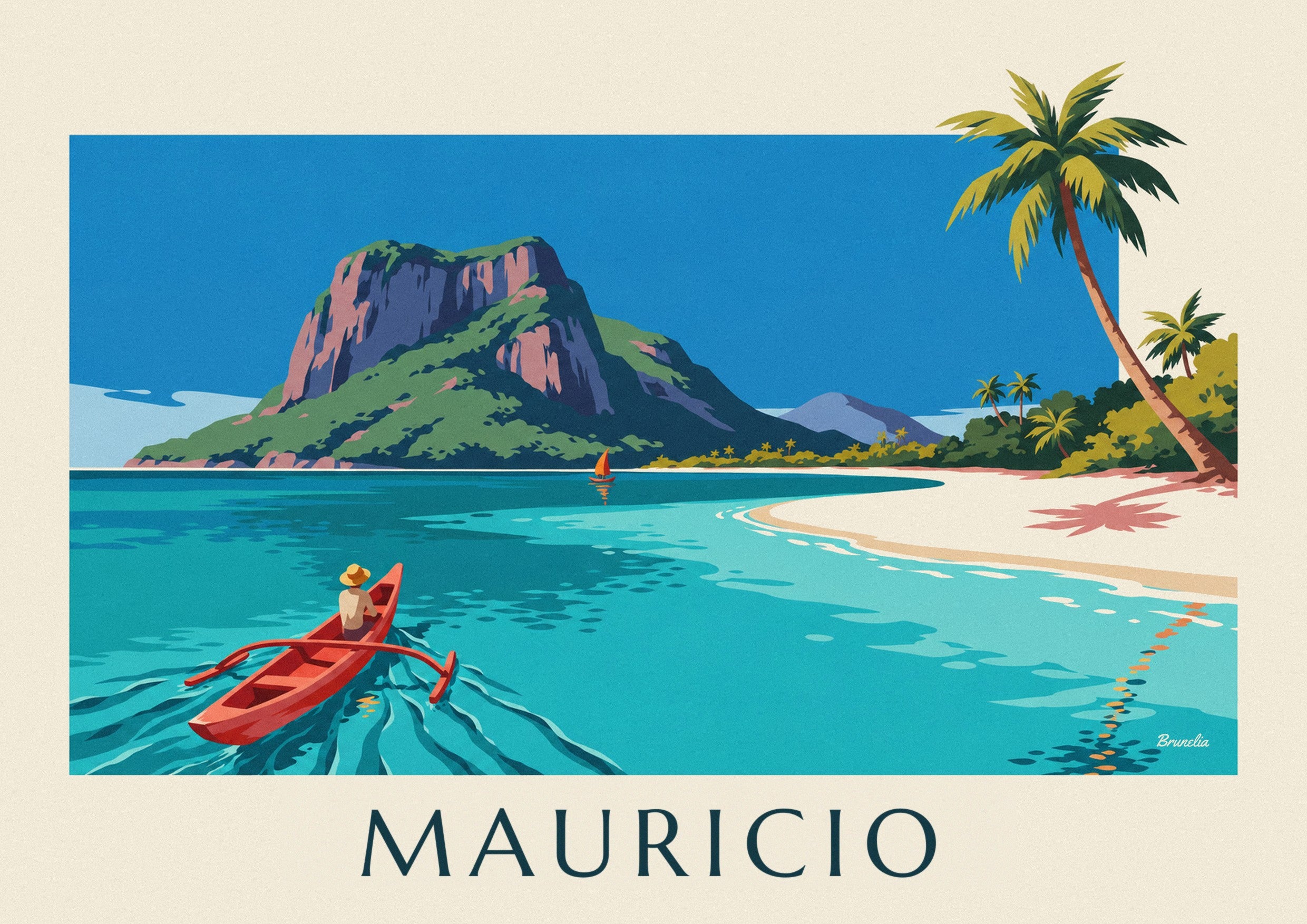 Póster de laguna, cocoteros y Le Morne Brabant en la isla Mauricio: detalle en primer plano