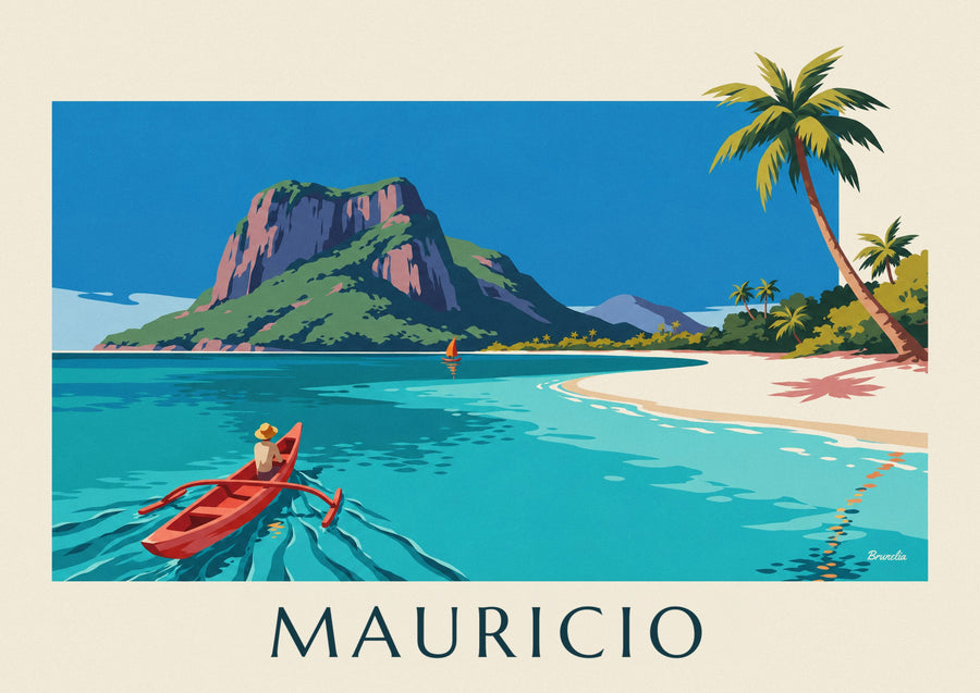 Póster de laguna, cocoteros y Le Morne Brabant en la isla Mauricio