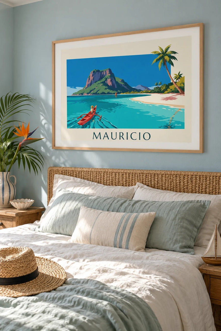 Póster de laguna, cocoteros y Le Morne Brabant en la isla Mauricio: enmarcado en la pared