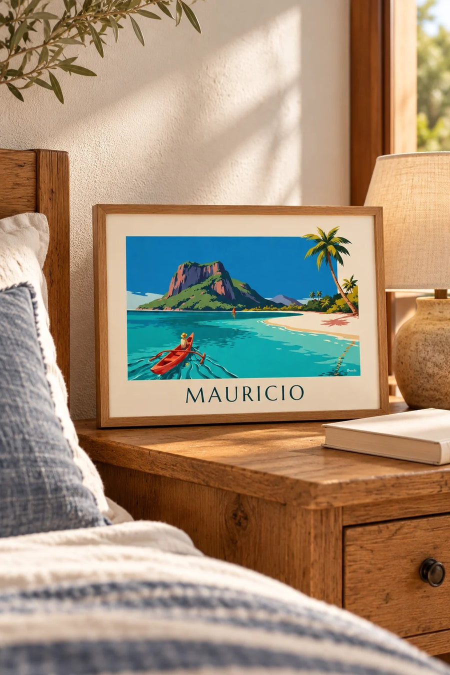 Póster de laguna, cocoteros y Le Morne Brabant en la isla Mauricio: formato pequeño A4 enmarcado