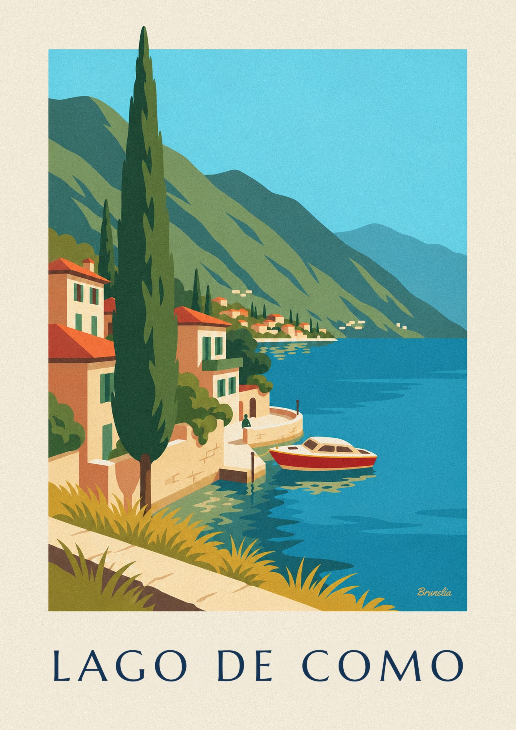 Póster de las orillas del lago de Como y barca de madera: detalle en primer plano