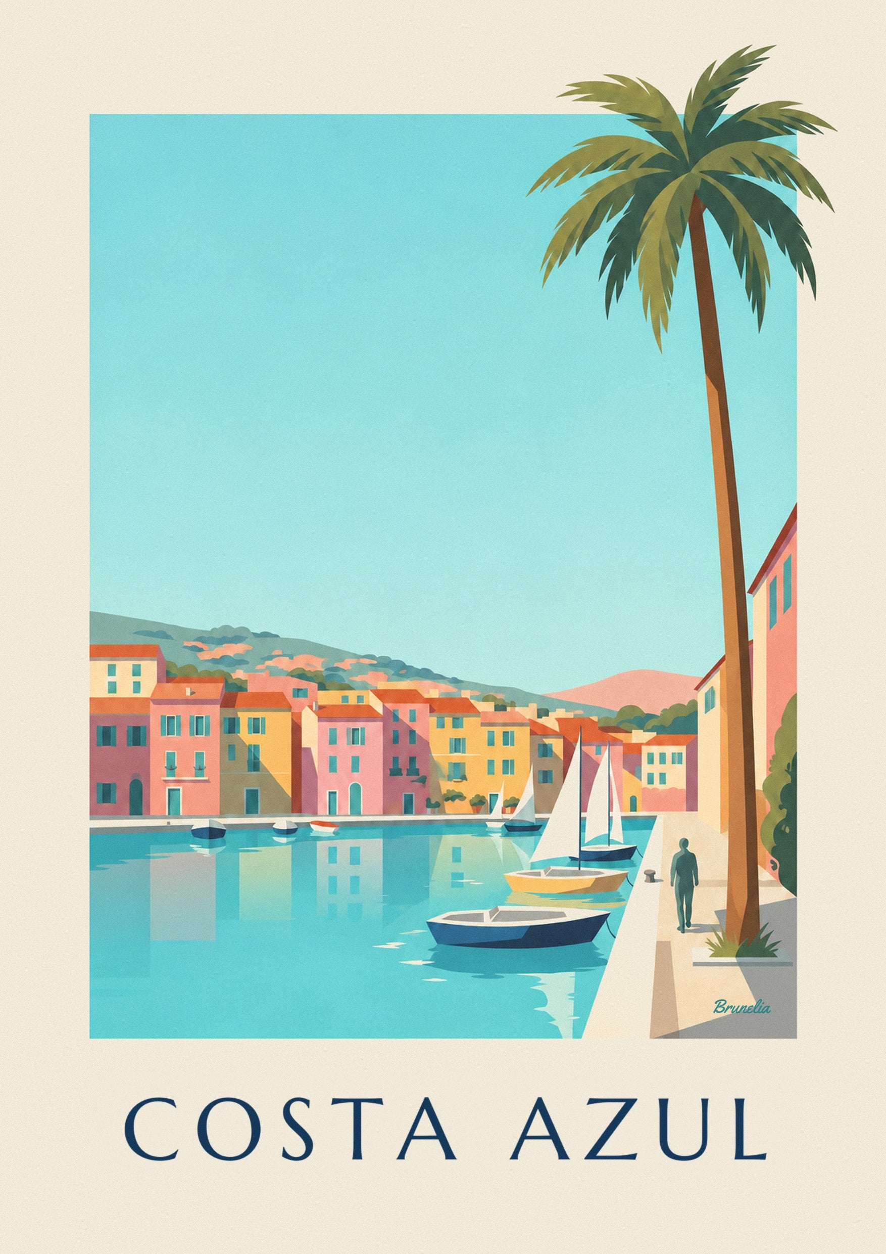 Póster de un pequeño puerto de la Costa Azul, casas y veleros: detalle en primer plano
