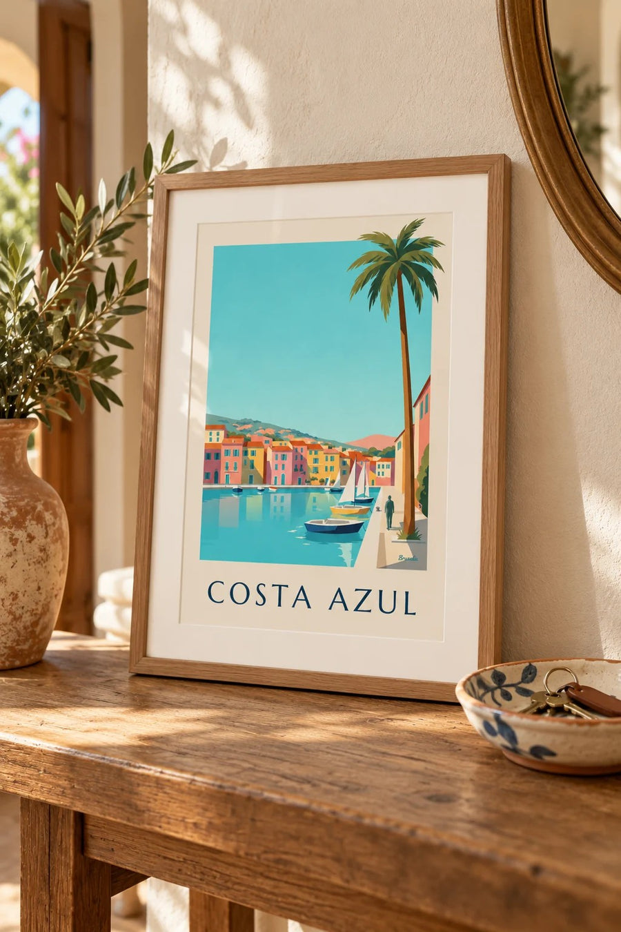 Póster de un pequeño puerto de la Costa Azul, casas y veleros: formato pequeño A4 enmarcado