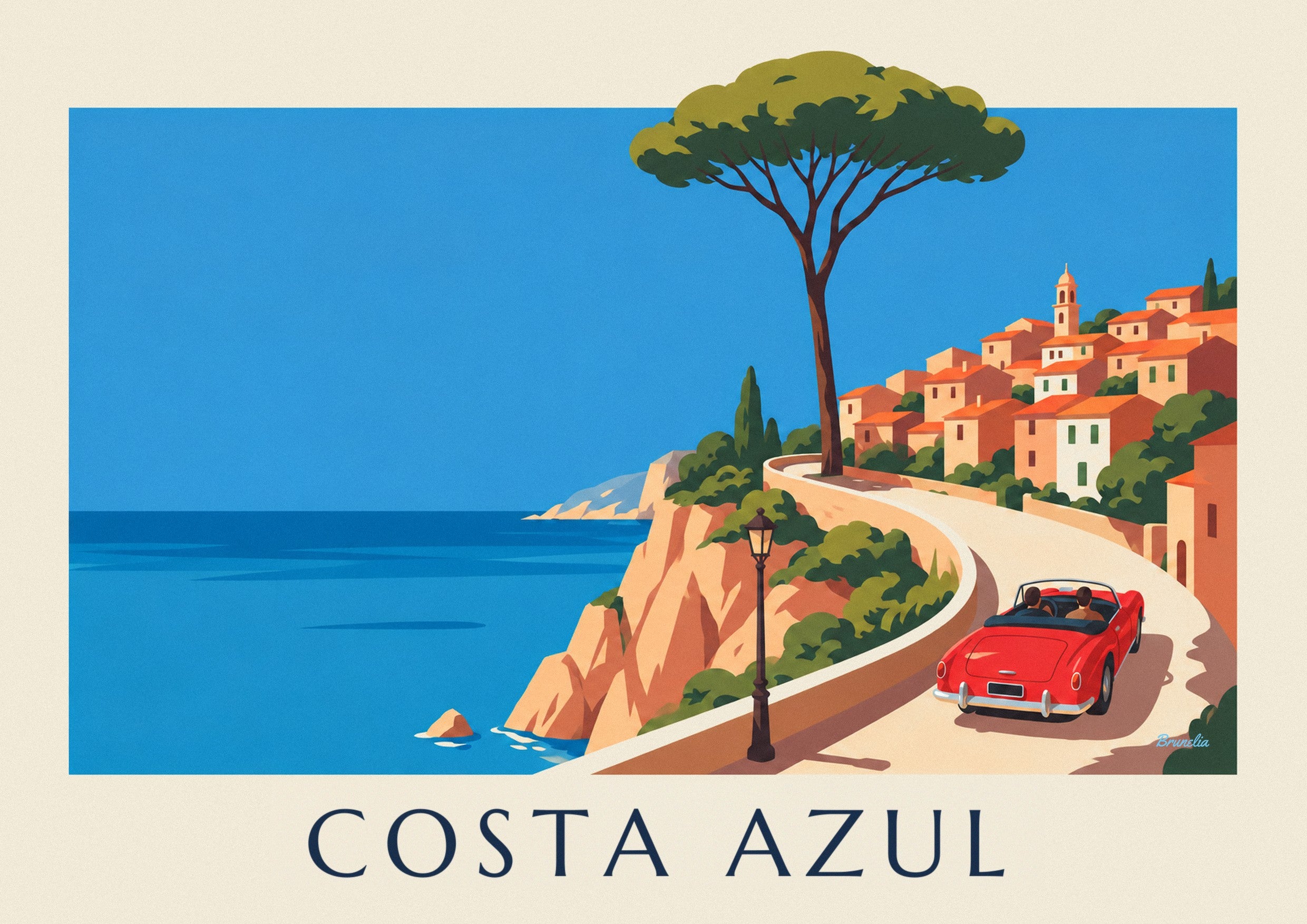 Póster de descapotable rojo en la carretera de la Costa Azul: detalle en primer plano