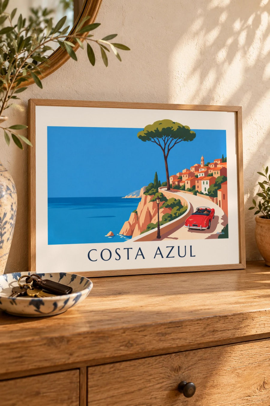 Póster de descapotable rojo en la carretera de la Costa Azul: formato pequeño A4 enmarcado