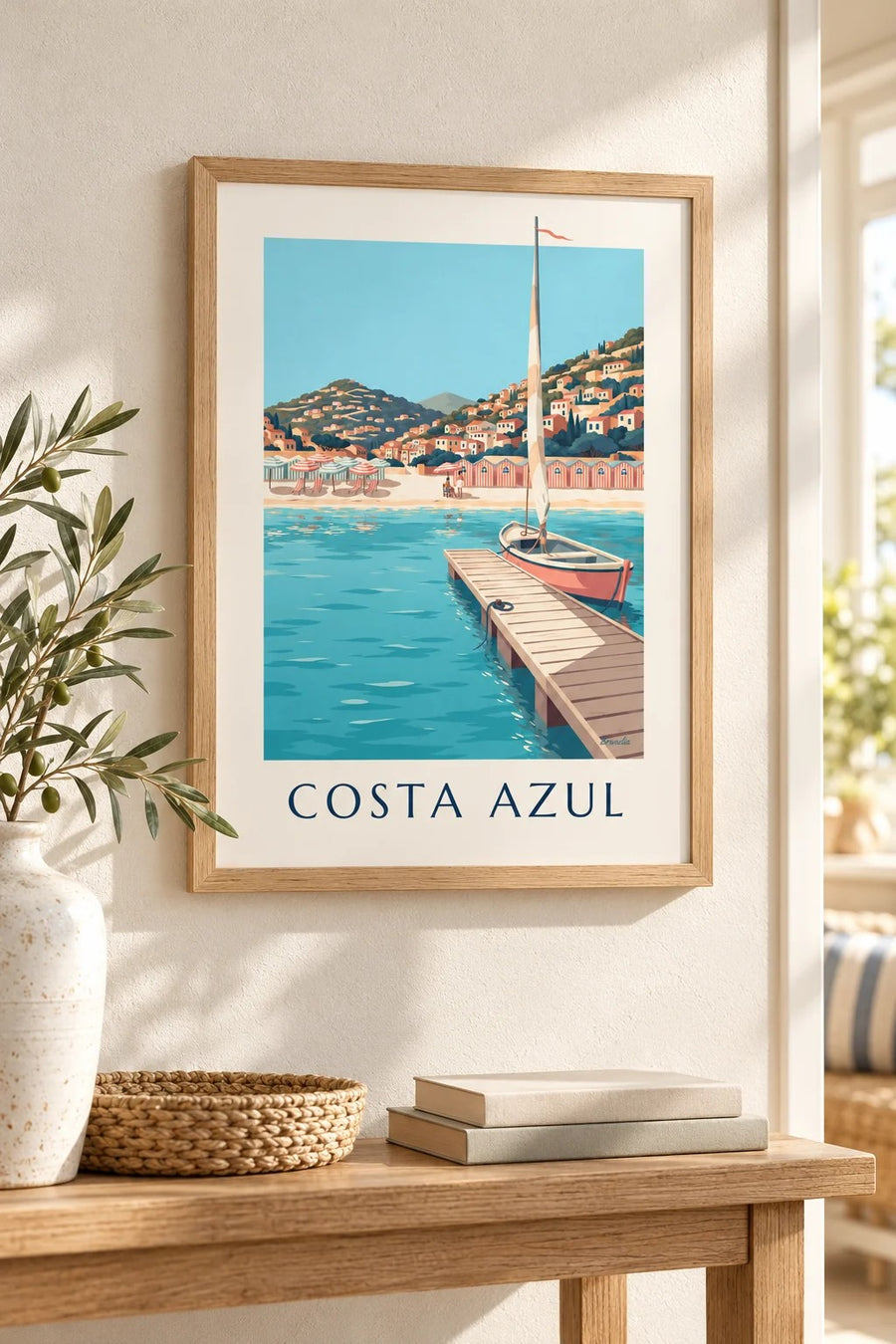 Póster de casetas de playa a rayas y embarcadero en la Costa Azul: formato pequeño A4 enmarcado