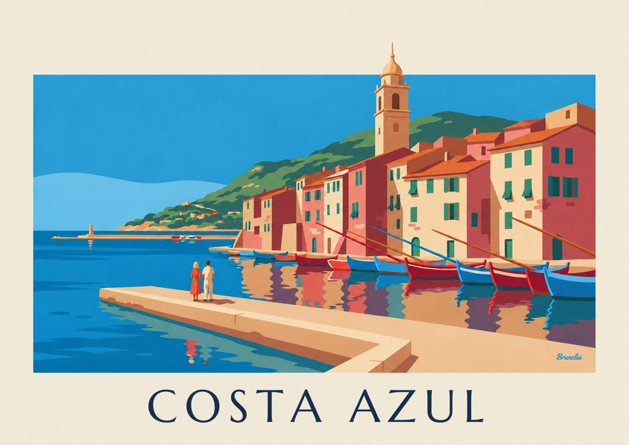 Póster de fachadas de colores y barcos de un puerto de la Costa Azul