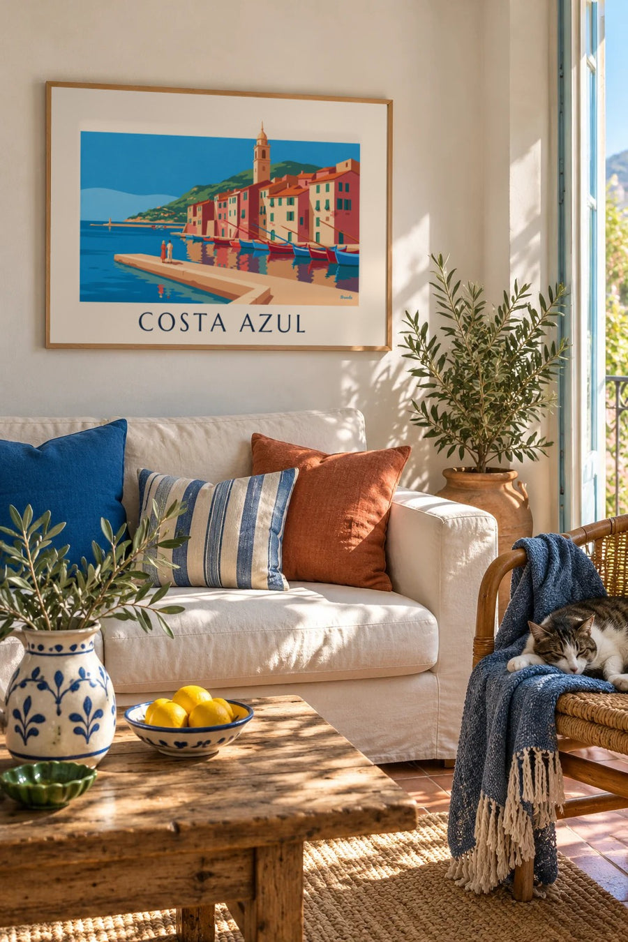 Póster de fachadas de colores y barcos de un puerto de la Costa Azul: enmarcado en la pared