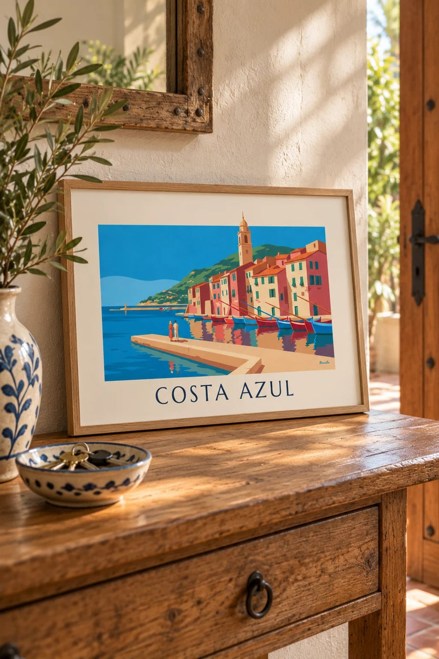 Póster de fachadas de colores y barcos de un puerto de la Costa Azul: formato pequeño A4 enmarcado