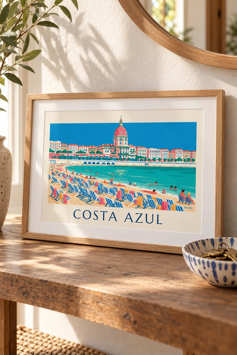 Póster bañistas y tumbonas bajo el Paseo de los Ingleses en Niza: formato pequeño A4 enmarcado