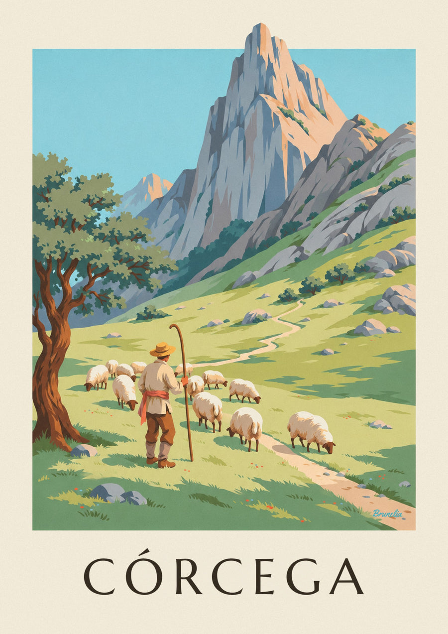 Póster de pastor con sus ovejas en las montañas de Córcega