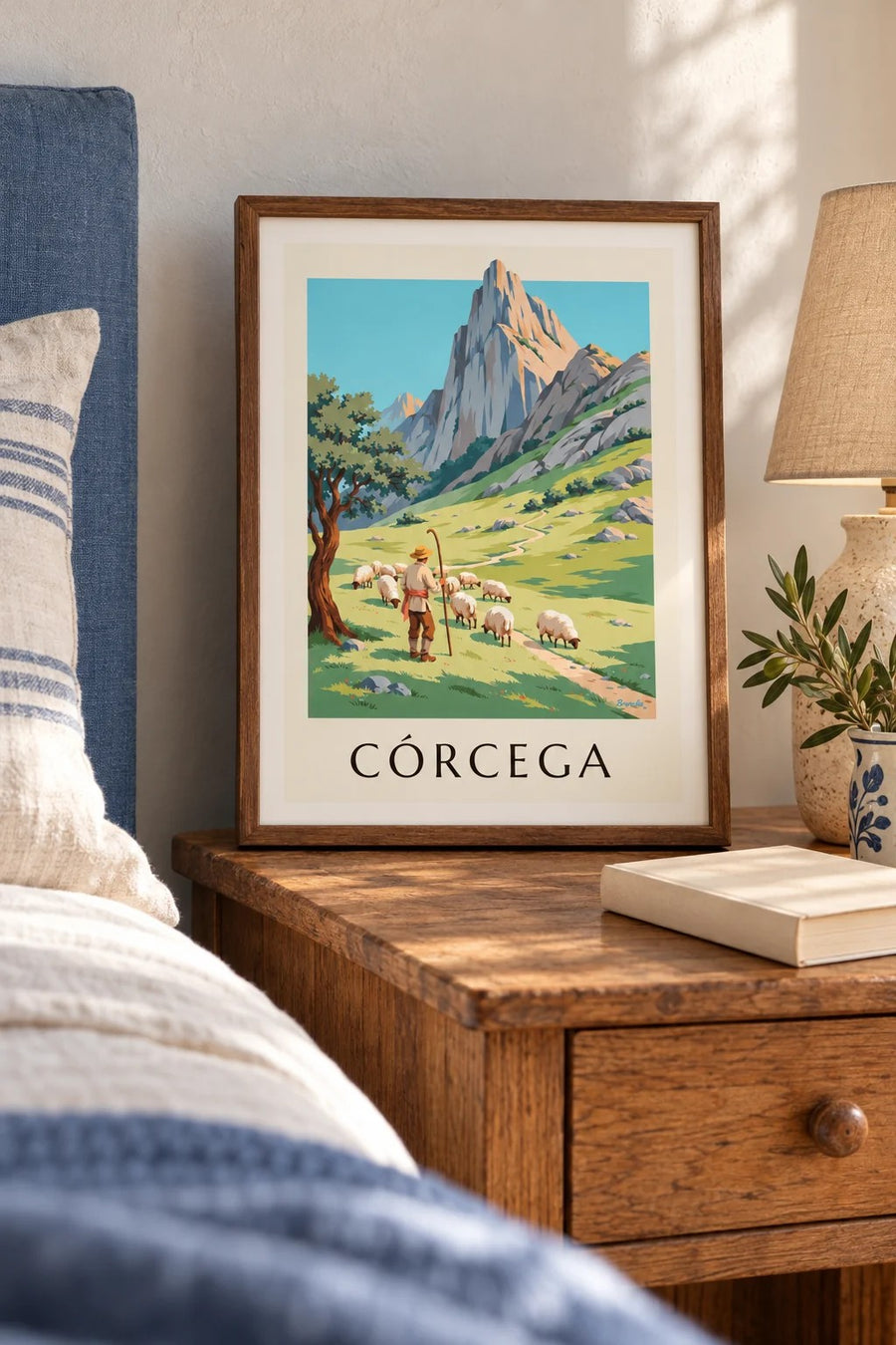 Póster de pastor con sus ovejas en las montañas de Córcega: formato pequeño A4 enmarcado