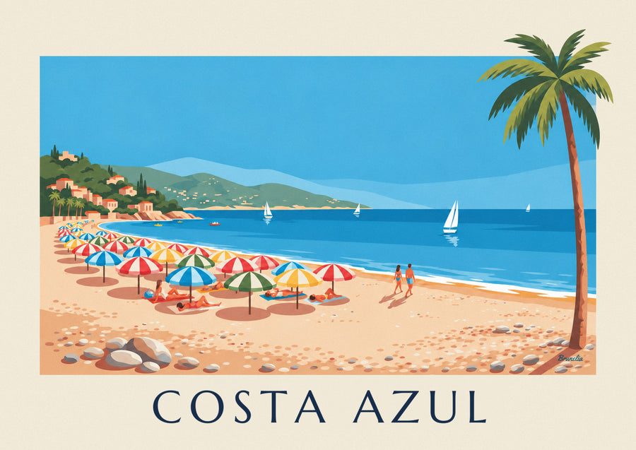Póster sombrillas de colores en una playa de guijarros de la Costa Azul