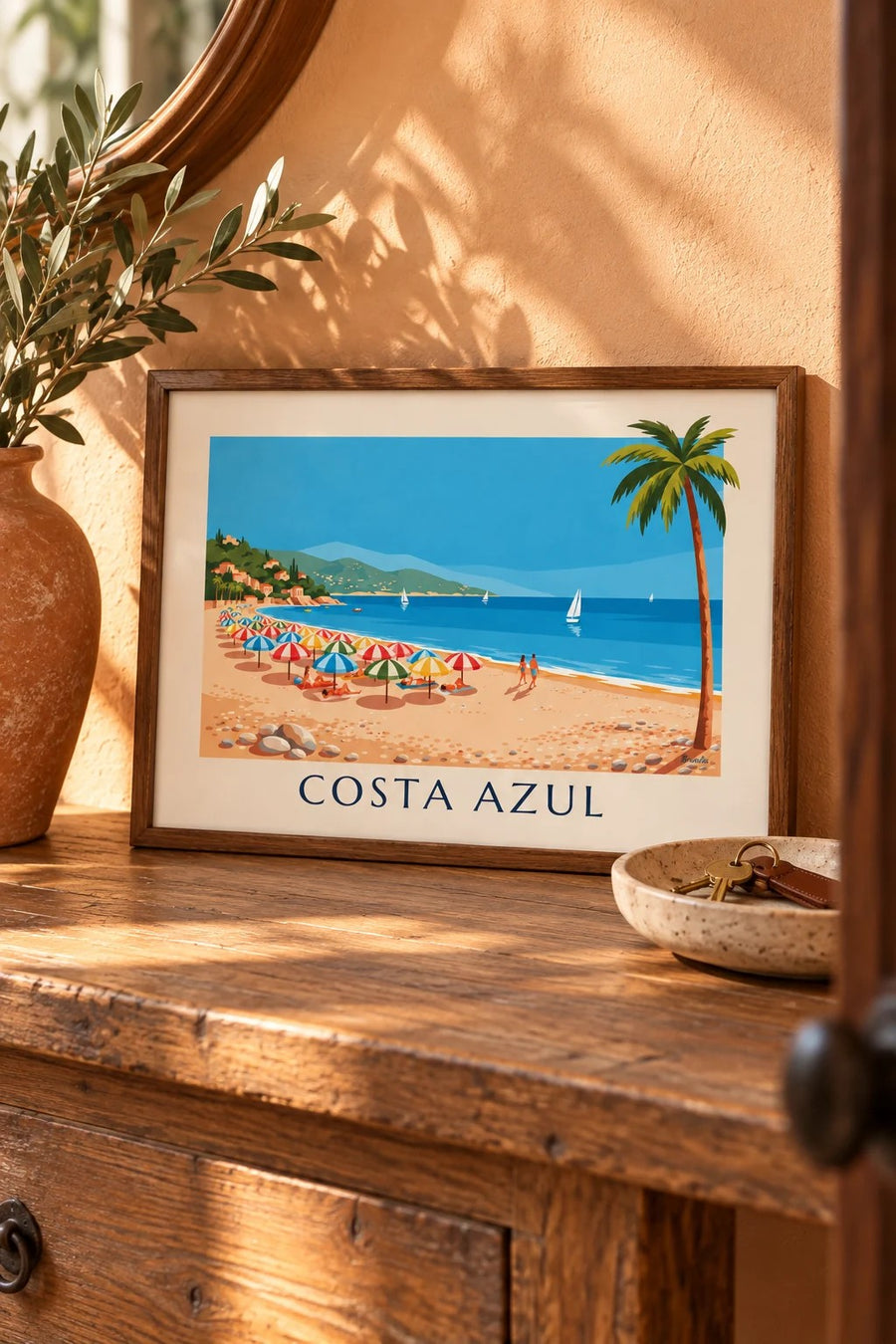 Póster sombrillas de colores en una playa de guijarros de la Costa Azul: formato pequeño A4 enmarcado