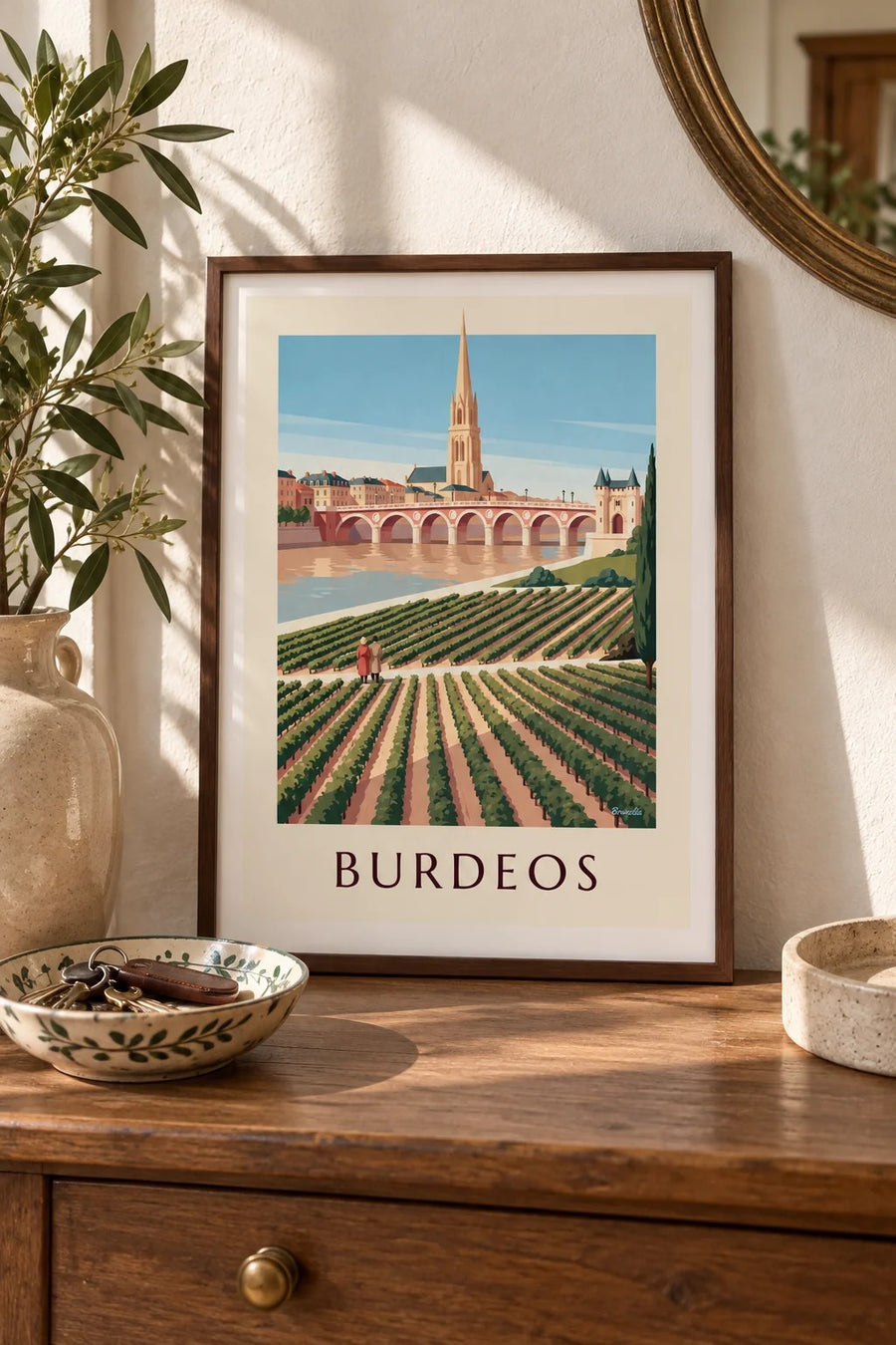 Póster puente de piedra y Porte Cailhau en Burdeos vistos desde los viñedos: formato pequeño A4 enmarcado