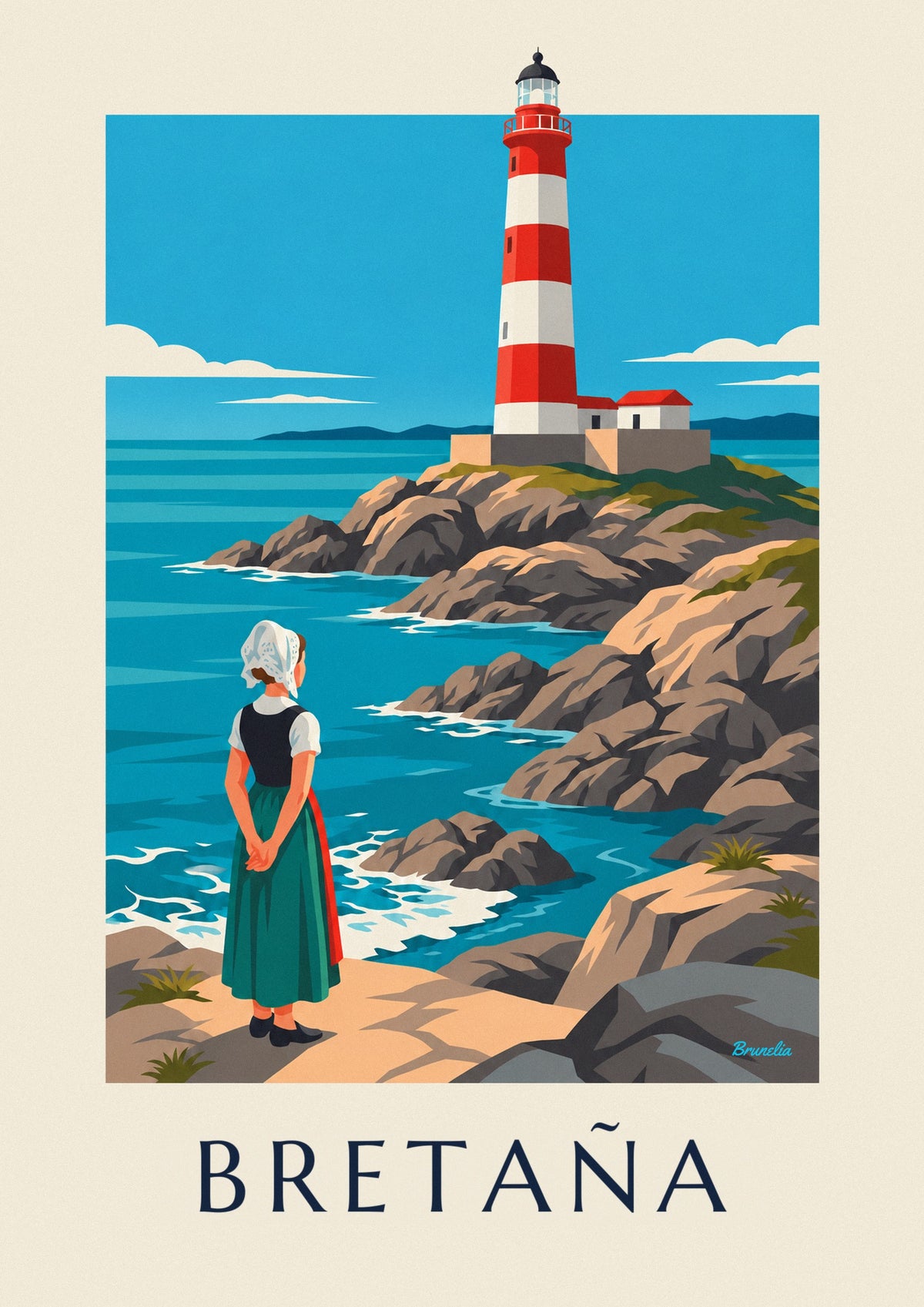 Póster mujer con tocado bretón frente a un faro rojo y blanco