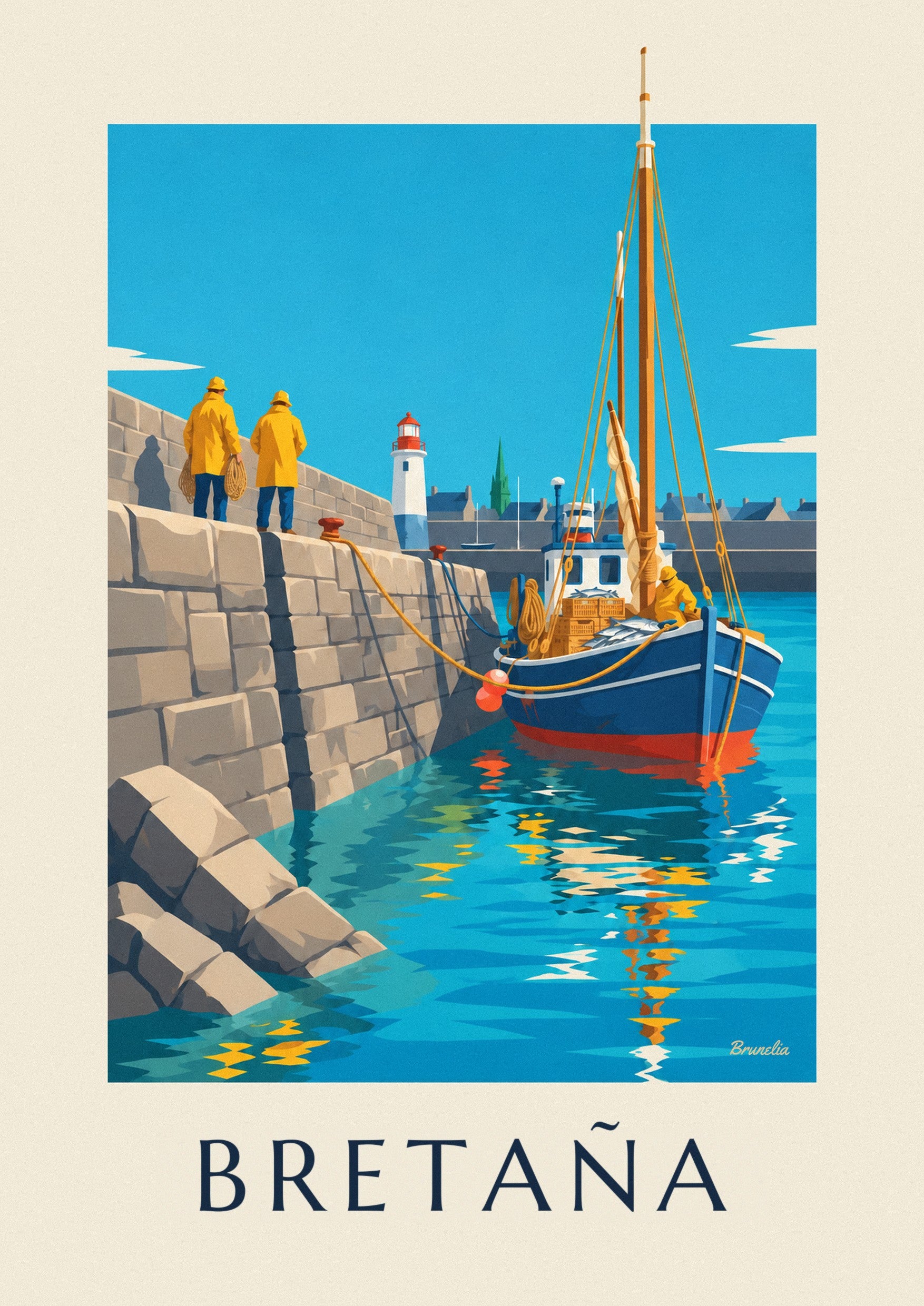 Póster barco de pesca bretón volviendo al puerto de granito: detalle en primer plano