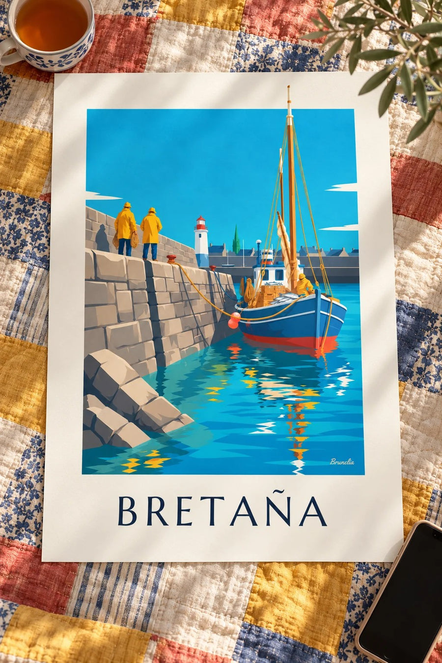 Póster barco de pesca bretón volviendo al puerto de granito: apoyado sobre una mesa