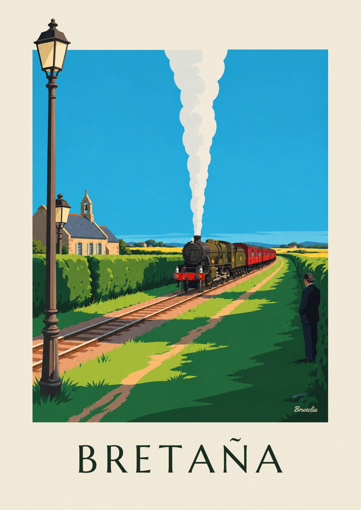 Póster de locomotora de vapor en el campo bretón