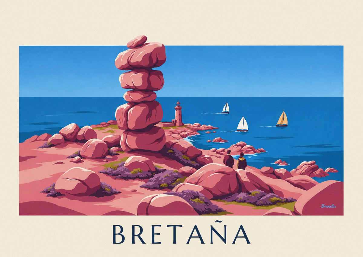 Póster costa de granito rosa, faro y veleros en Bretaña