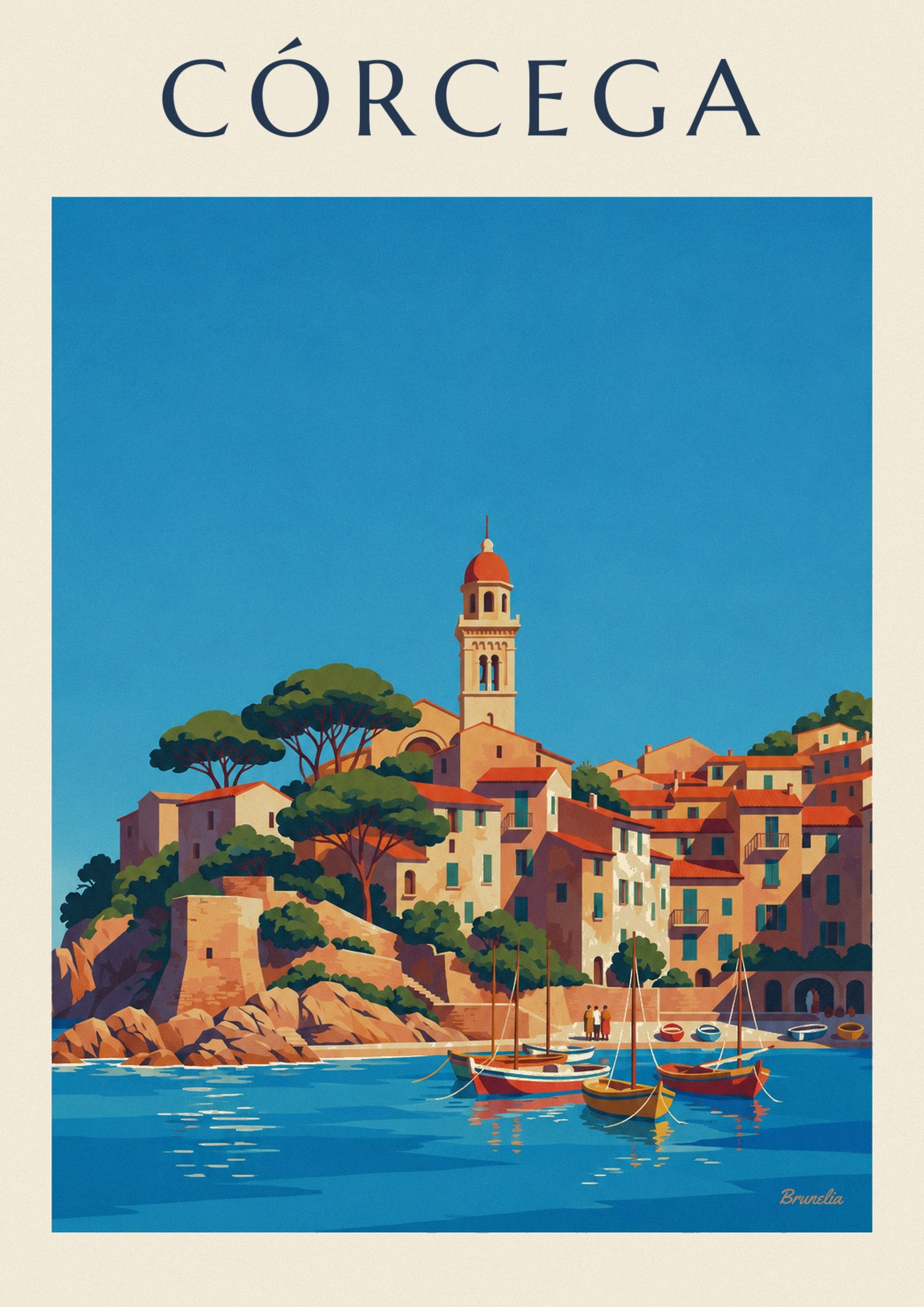 Póster pueblo costero corso y su pequeño puerto en el Mediterráneo: detalle en primer plano
