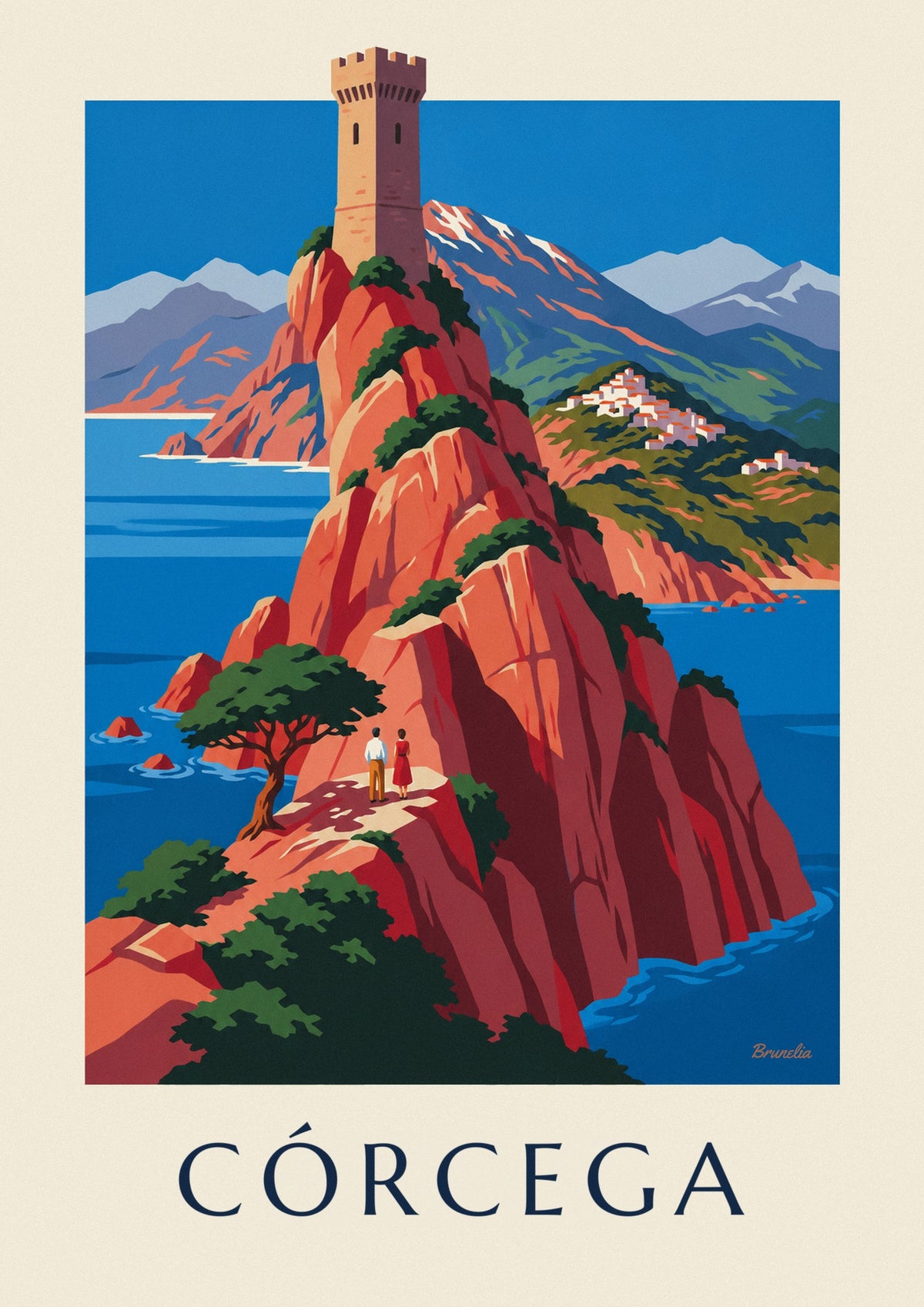 Póster costa salvaje de Córcega, acantilados rojos y Monte Cinto
