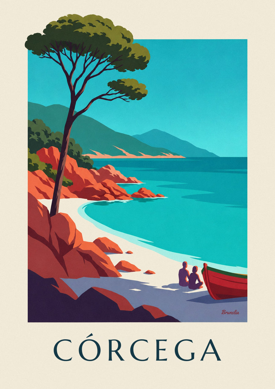 Póster de bahía de Córcega, rocas de granito rojo y pino piñonero