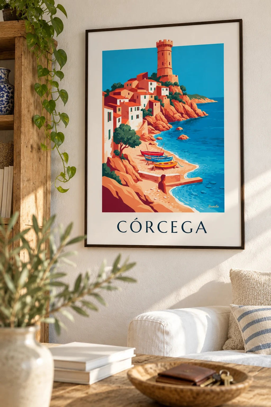 Póster de pueblo costero, torre genovesa y barcas en Córcega: enmarcado en la pared