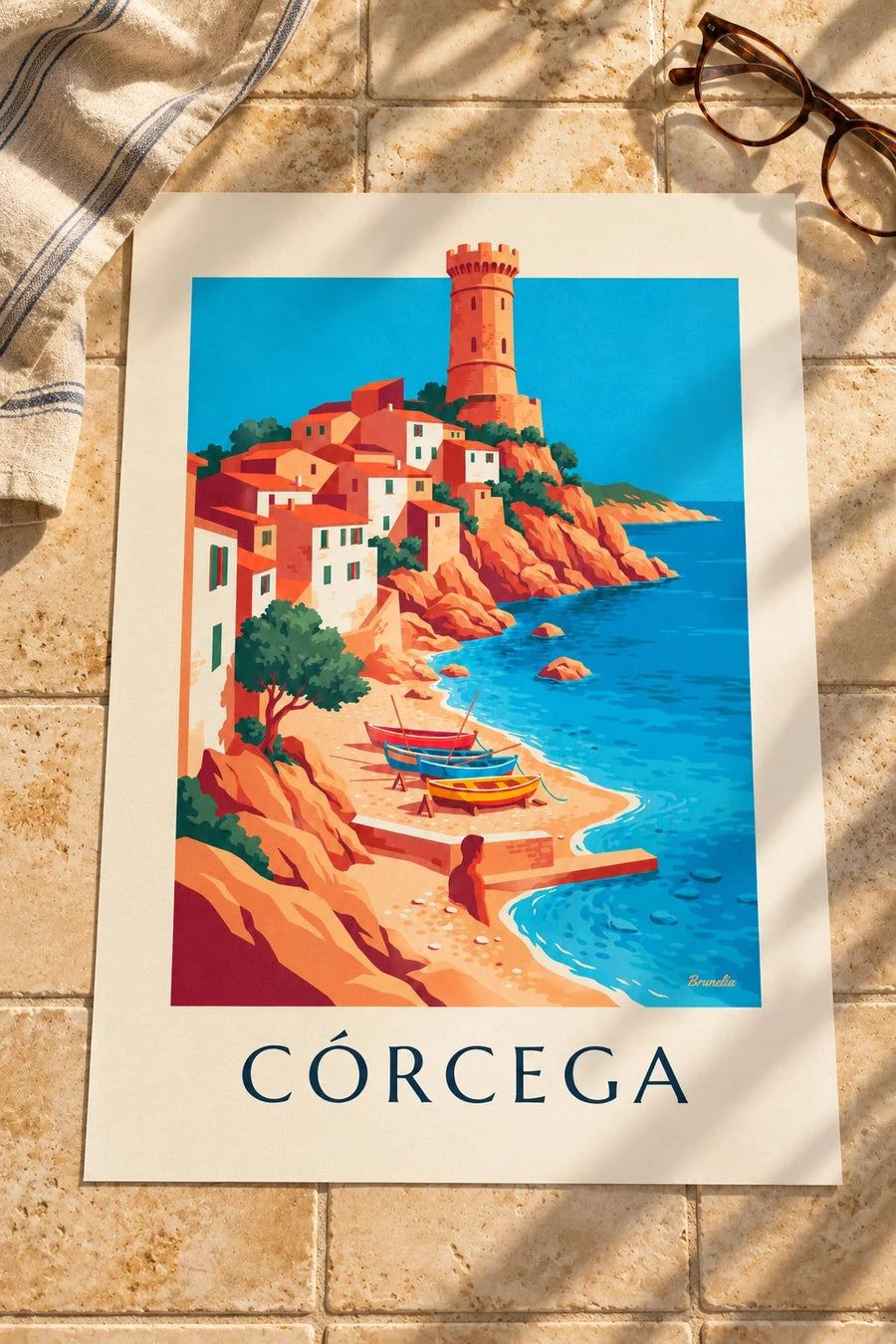 Póster de pueblo costero, torre genovesa y barcas en Córcega: sobre una mesa