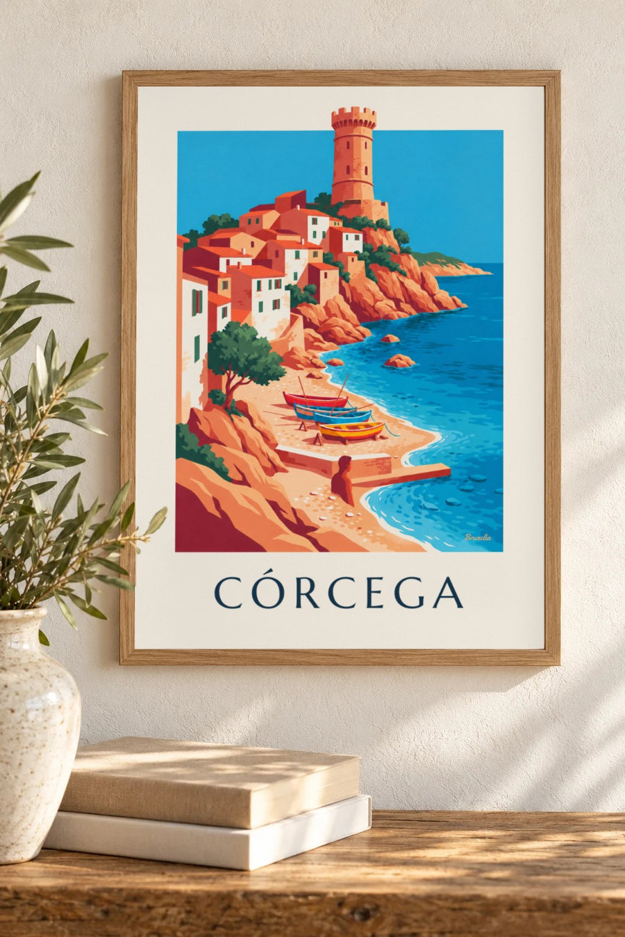 Póster de pueblo costero, torre genovesa y barcas en Córcega: pequeño formato A4 enmarcado