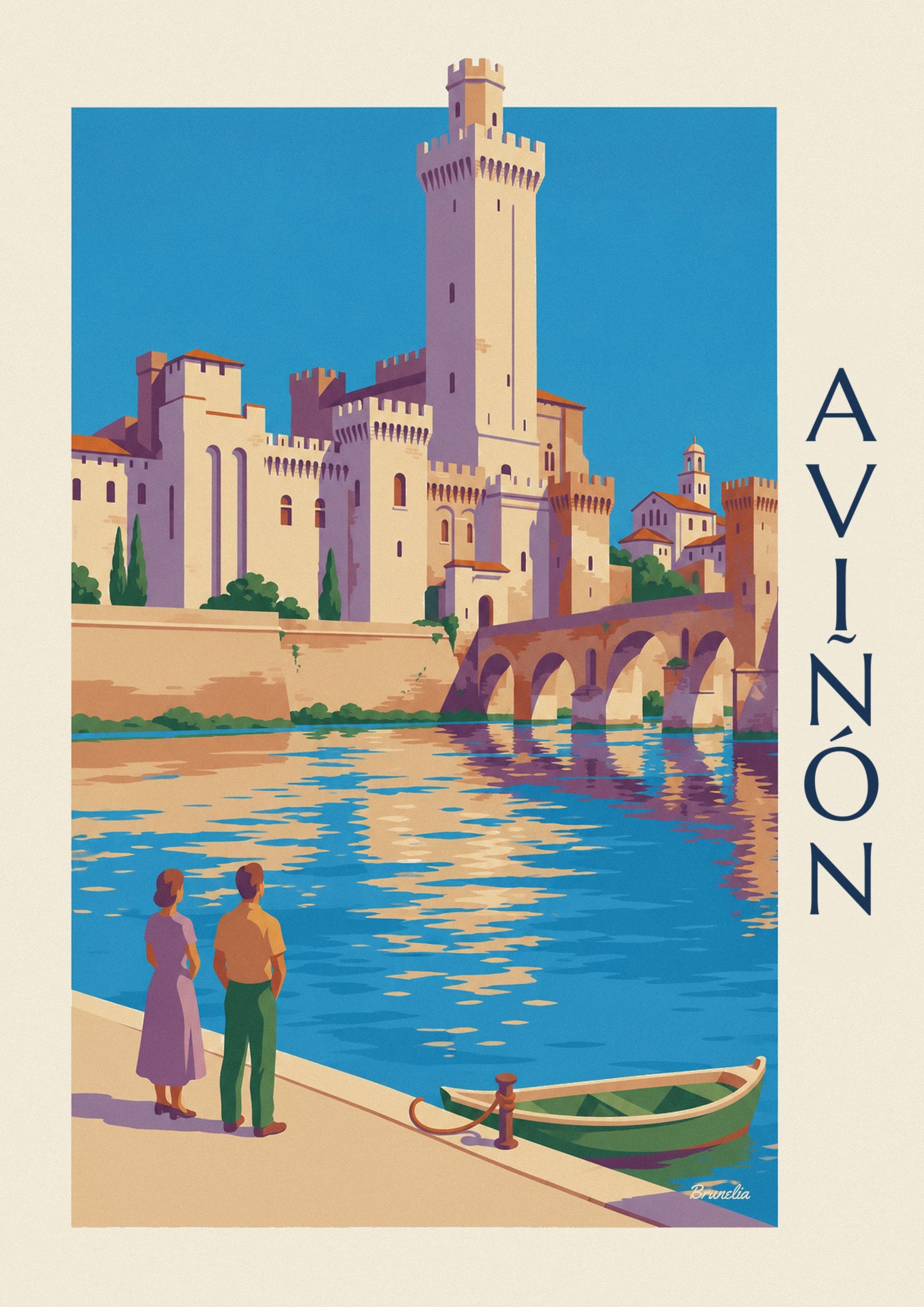 Póster del puente de Saint-Bénézet y el palacio de los Papas en Aviñón: detalle en primer plano