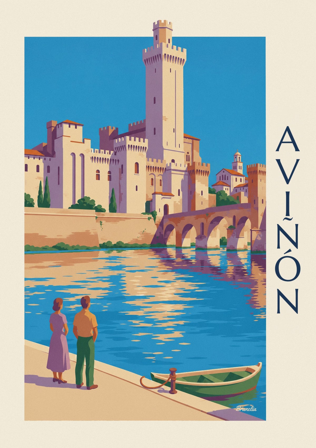 Póster del puente de Saint-Bénézet y el palacio de los Papas en Aviñón
