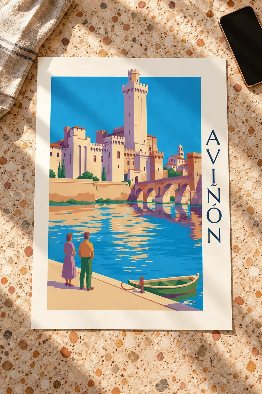 Póster del puente de Saint-Bénézet y el palacio de los Papas en Aviñón: sobre una mesa