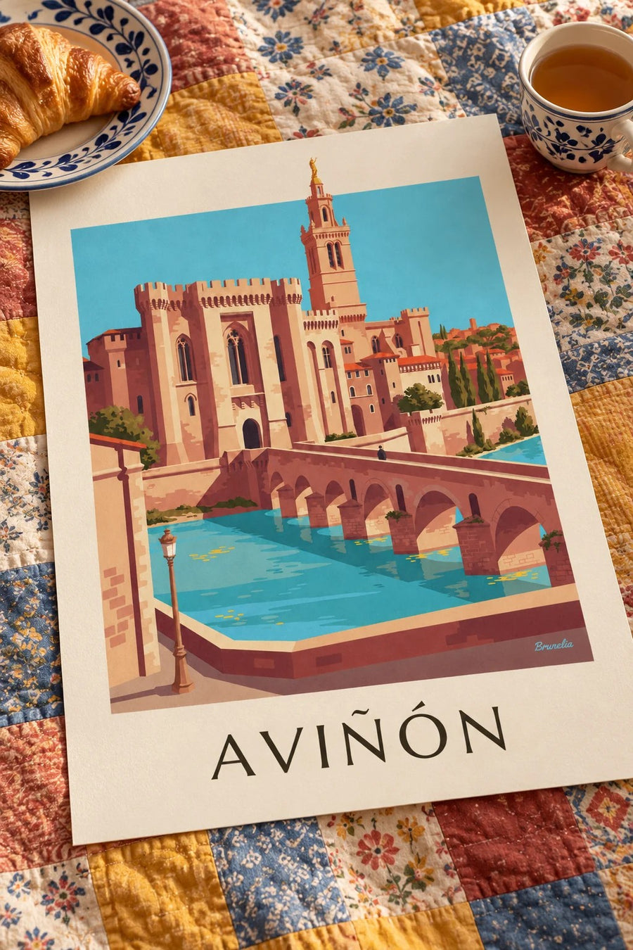 Póster Palacio de los Papas y puente de Saint-Bénézet en Aviñón: sobre una mesa