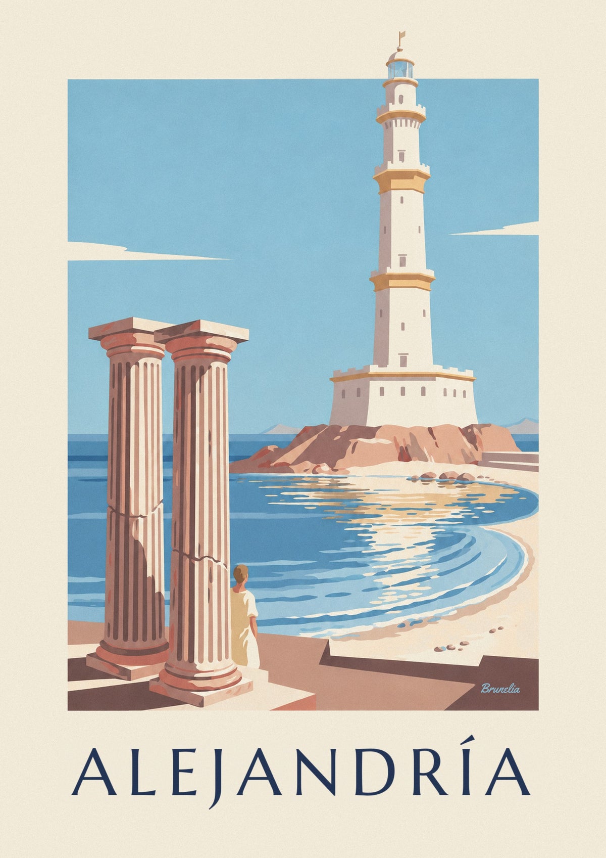 Póster del faro antiguo y las columnas de Alejandría, en Egipto