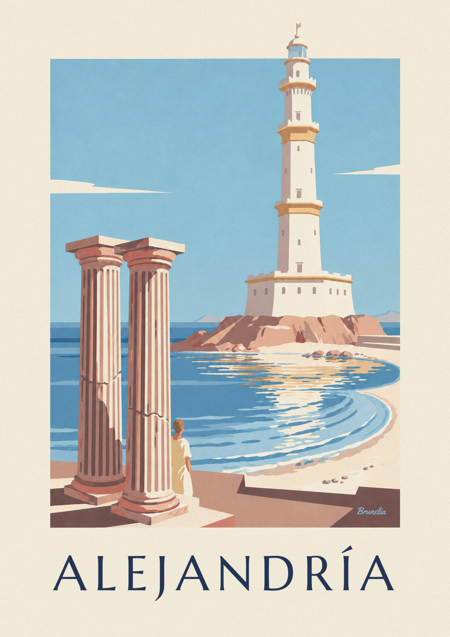 Póster del faro antiguo y las columnas de Alejandría, en Egipto