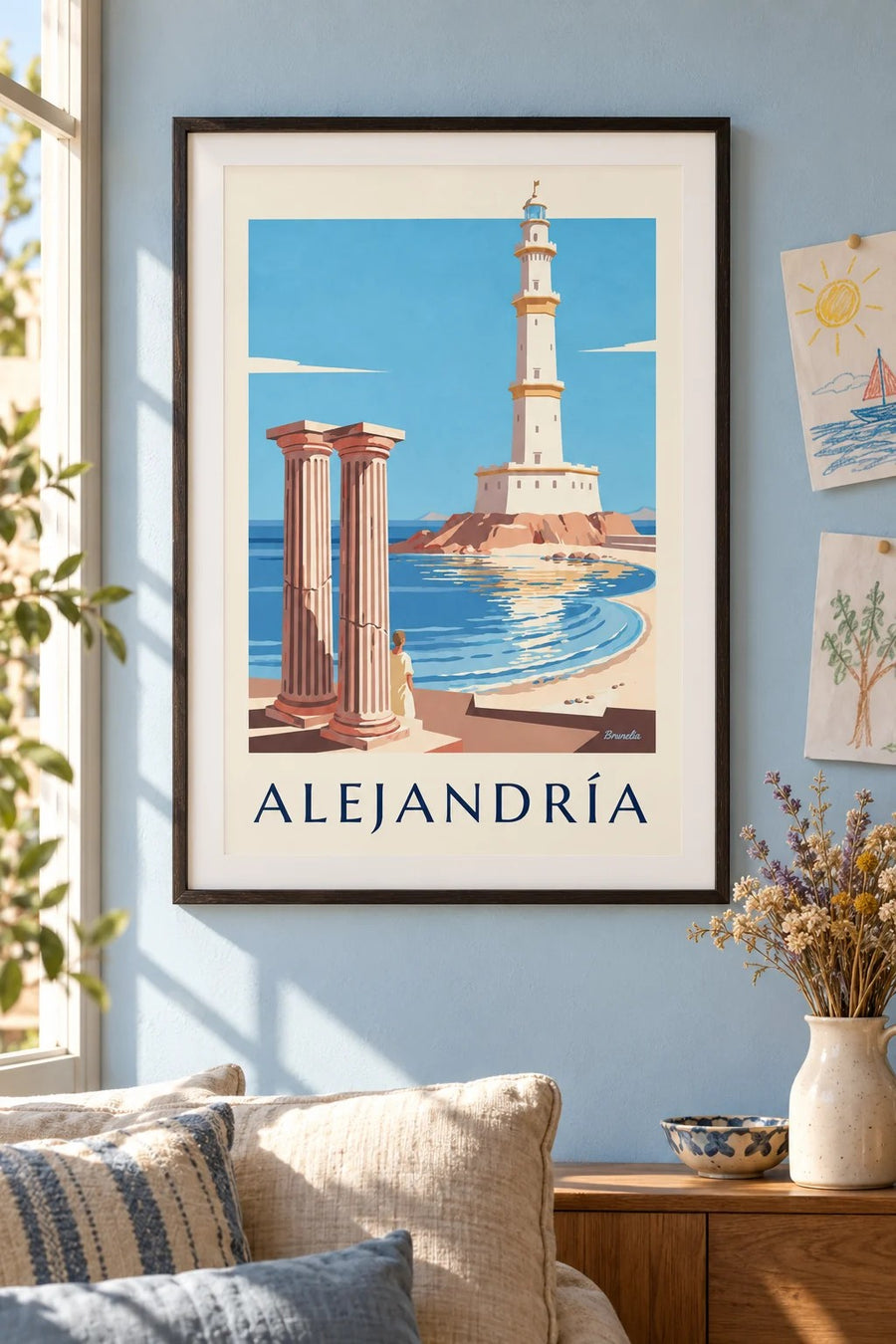 Póster del faro antiguo y las columnas de Alejandría, en Egipto: enmarcado en la pared