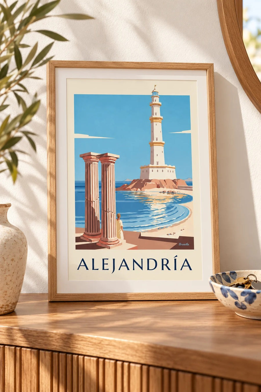 Póster del faro antiguo y las columnas de Alejandría, en Egipto: pequeño formato A4 enmarcado