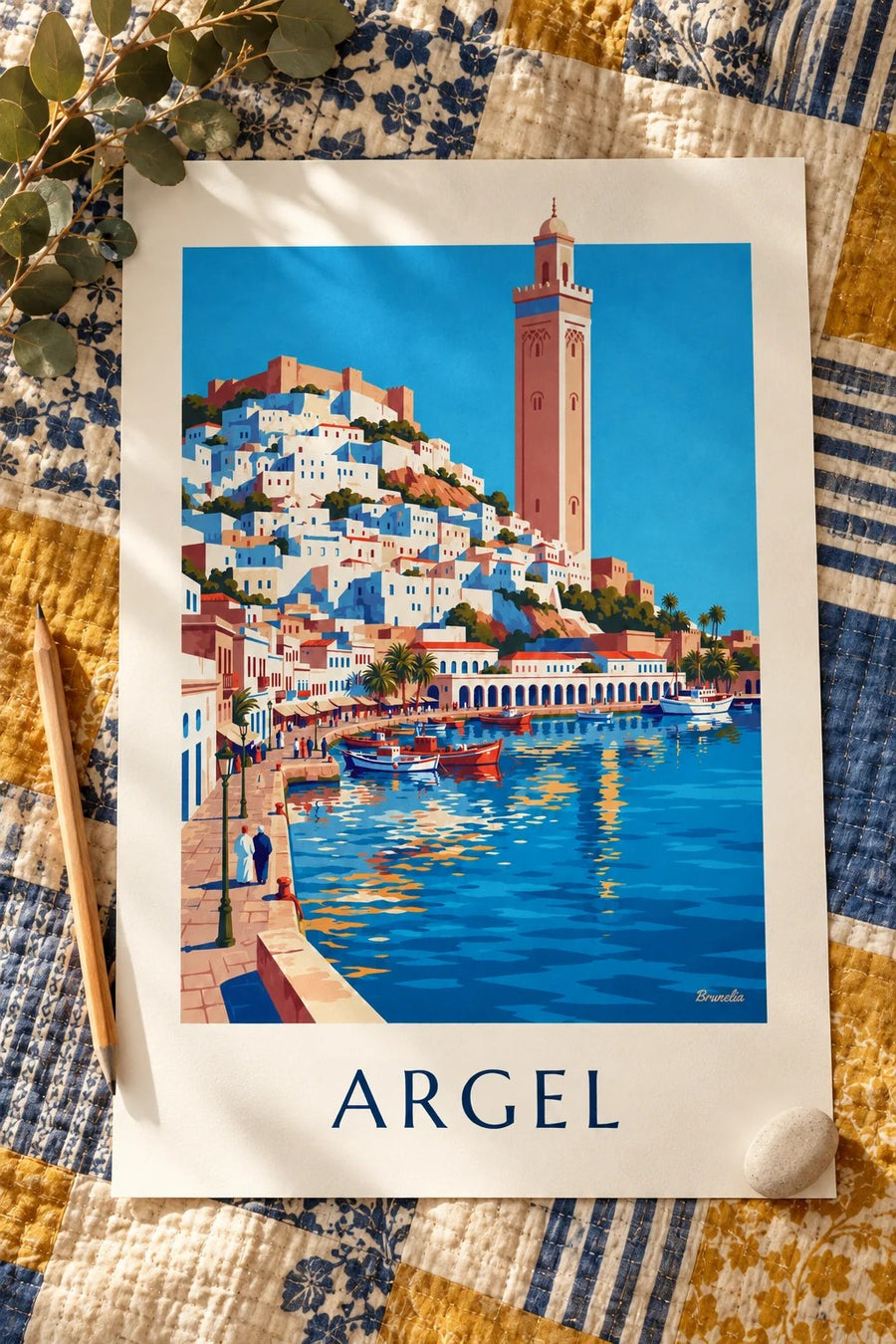 Póster de la Casbah blanca de Argel bajando hacia el Mediterráneo: sobre una mesa