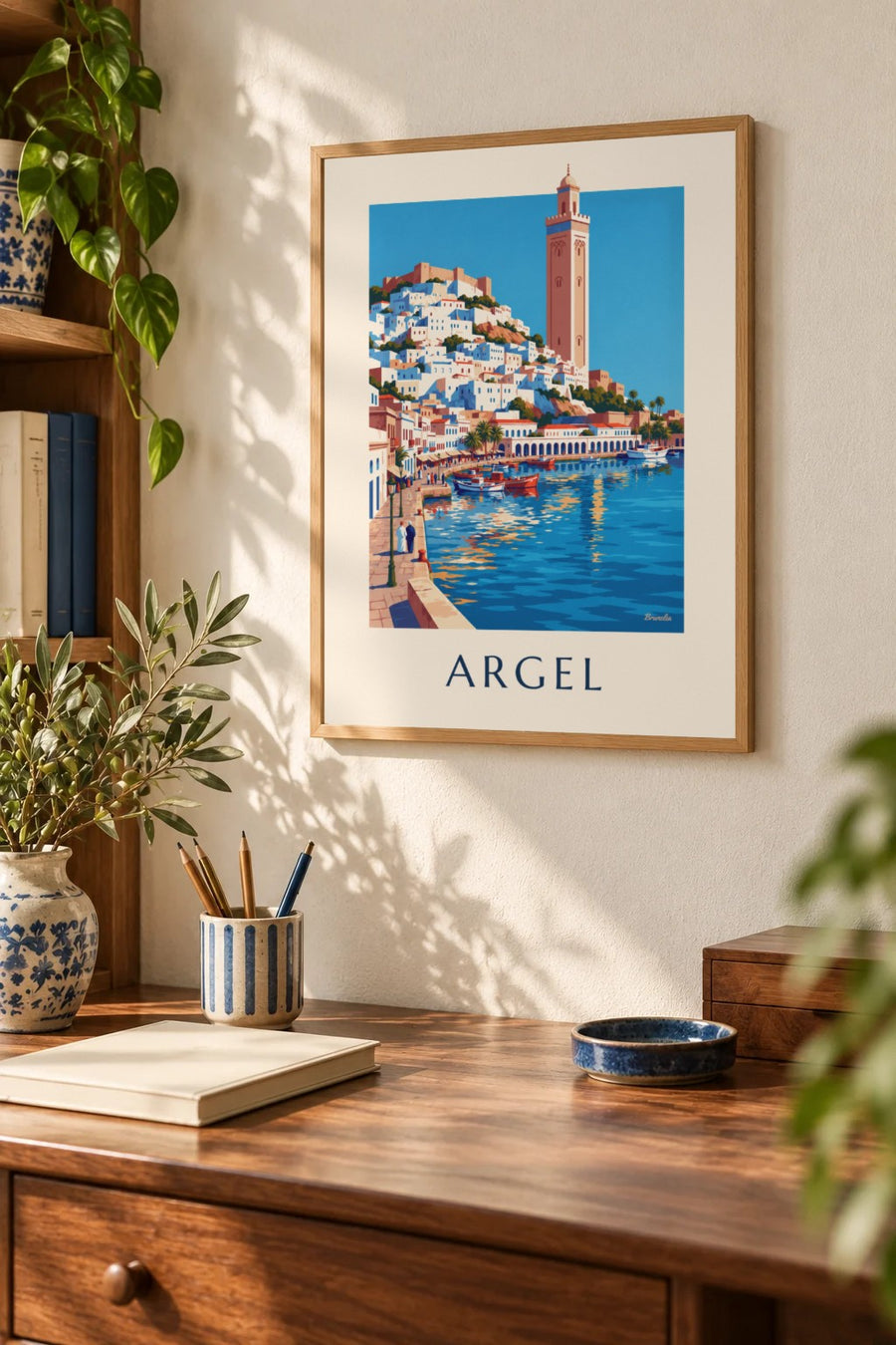 Póster de la Casbah blanca de Argel bajando hacia el Mediterráneo: pequeño formato A4 enmarcado