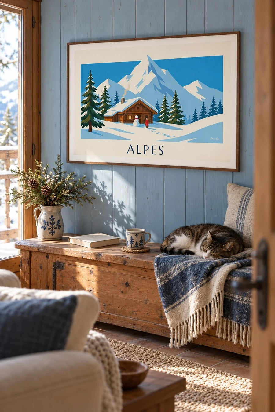 Póster de chalet nevado y muñeco de nieve en los Alpes: enmarcado en la pared