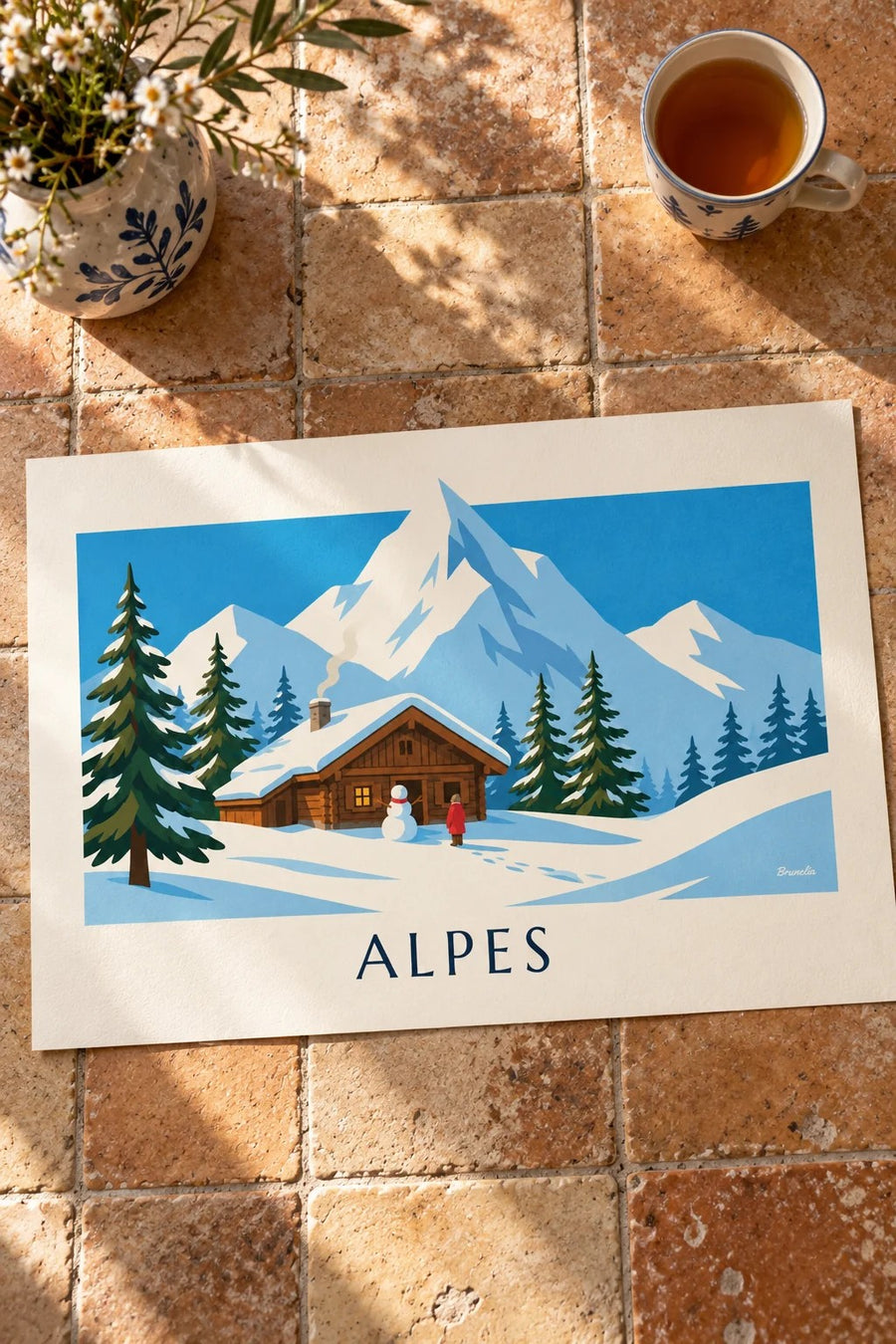 Póster de chalet nevado y muñeco de nieve en los Alpes: sobre una mesa
