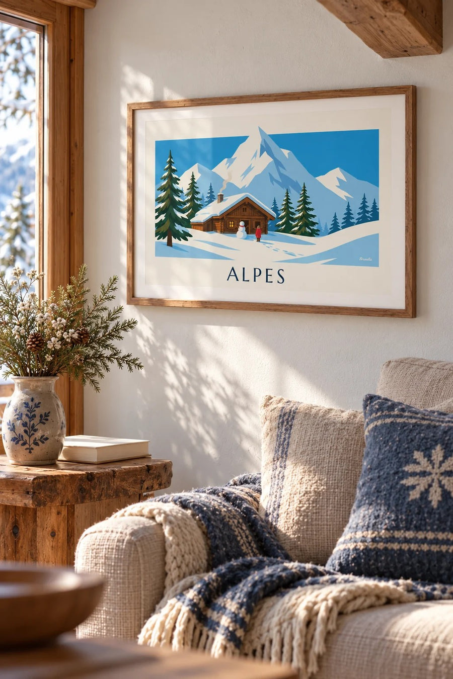 Póster de chalet nevado y muñeco de nieve en los Alpes: pequeño formato A4 enmarcado