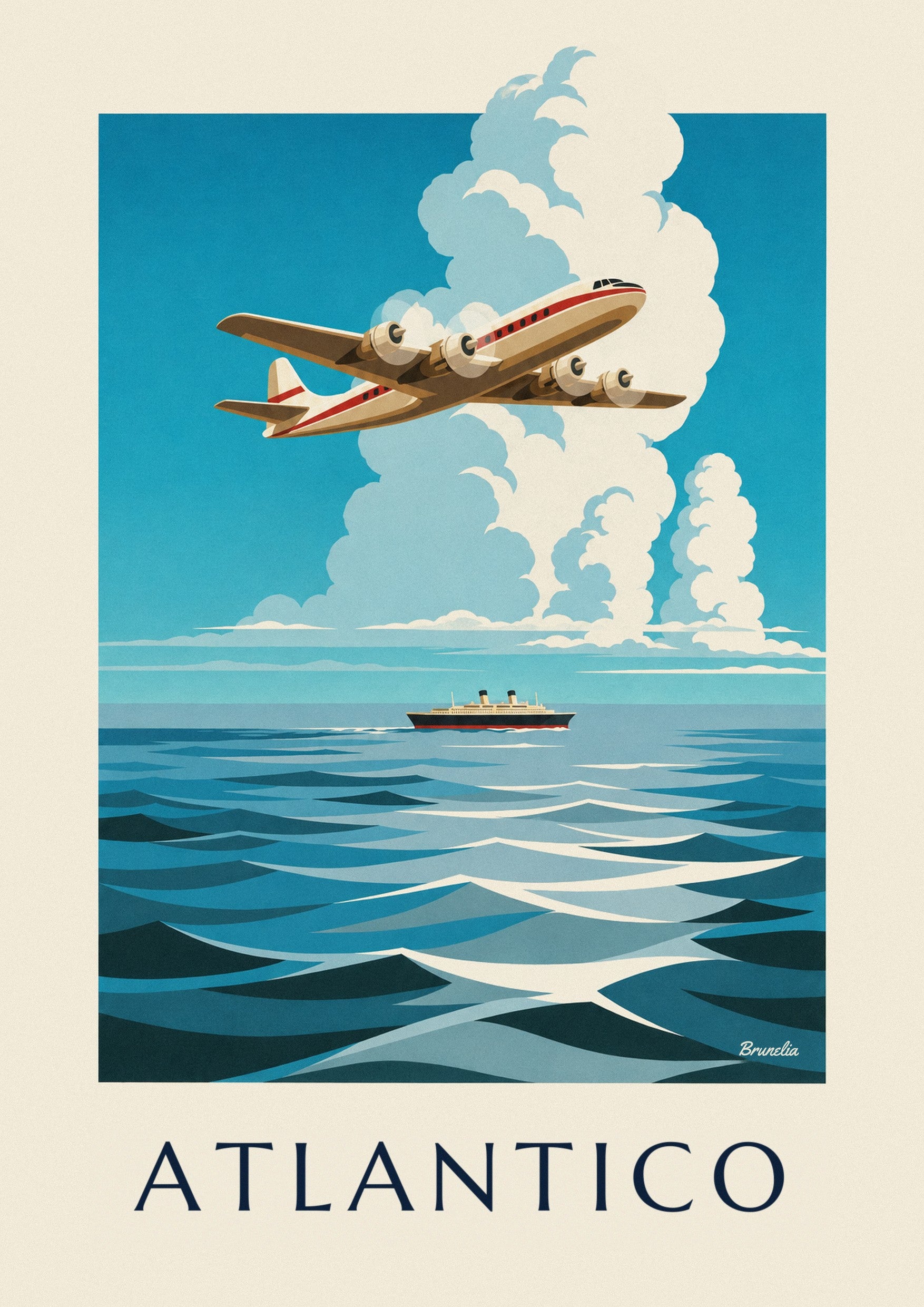 Póster de avión cuatrimotor sobre el Atlántico: detalle en primer plano