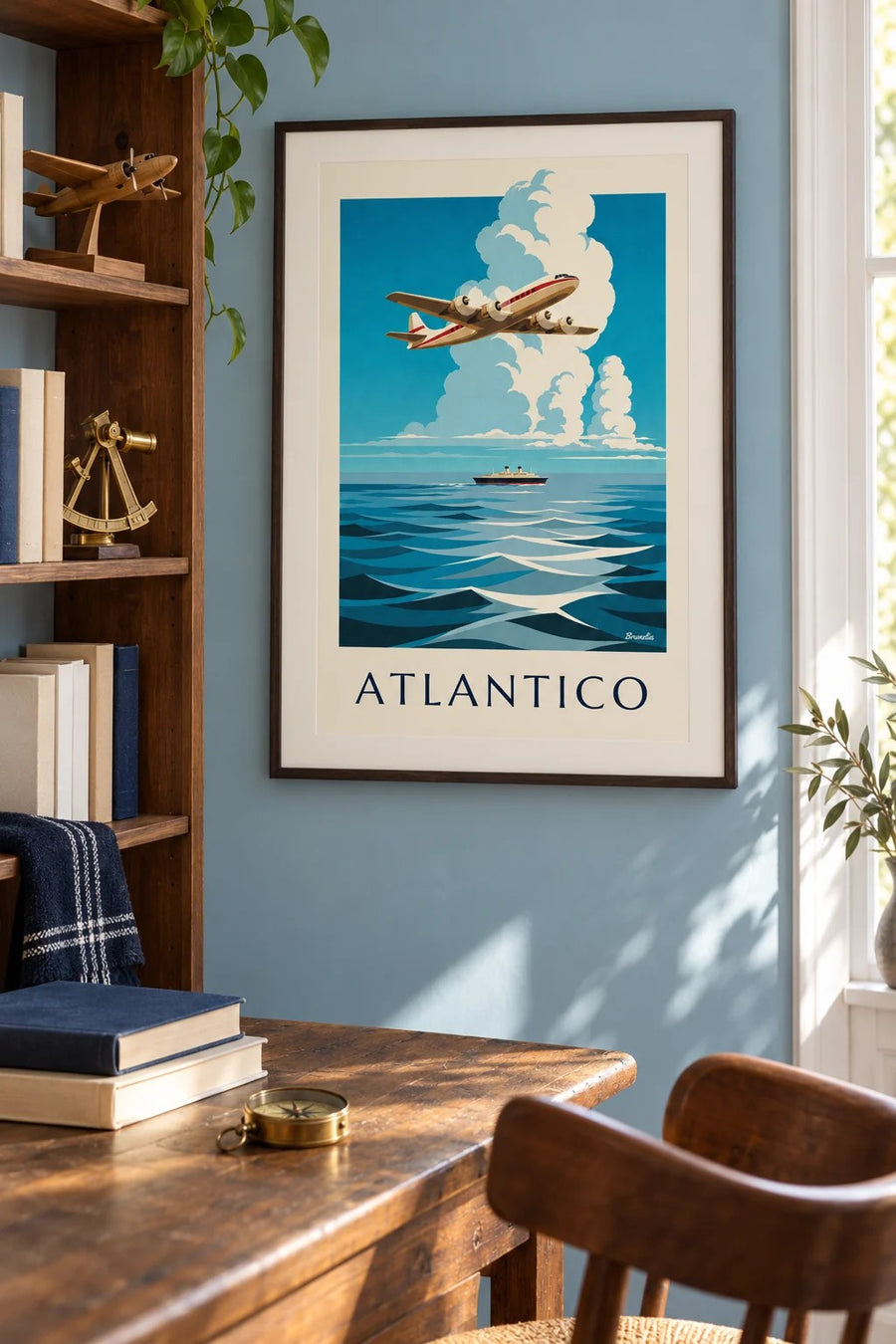 Póster de avión cuatrimotor sobre el Atlántico: enmarcado en la pared